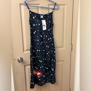 NWT Elegant Black Polka Dot Midi Dress With Poppy Flower